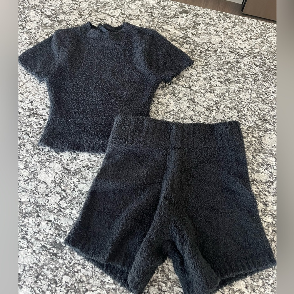SKIMS Black Cozy Short Sleeve Top & Shorts Set